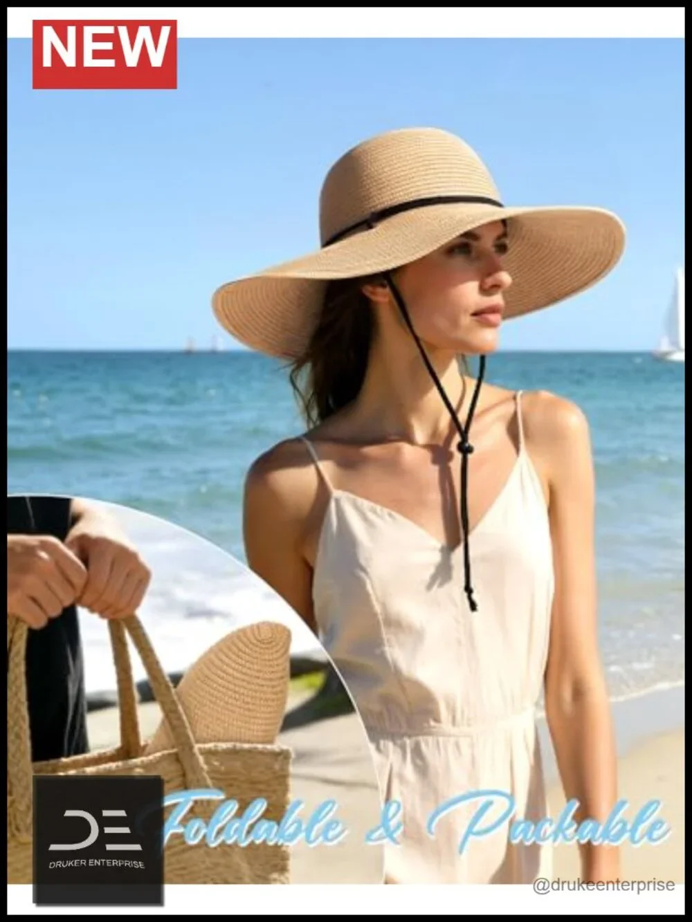 Wide Brim Straw Hat with Chin Strap UPF 50+ Sun Protection